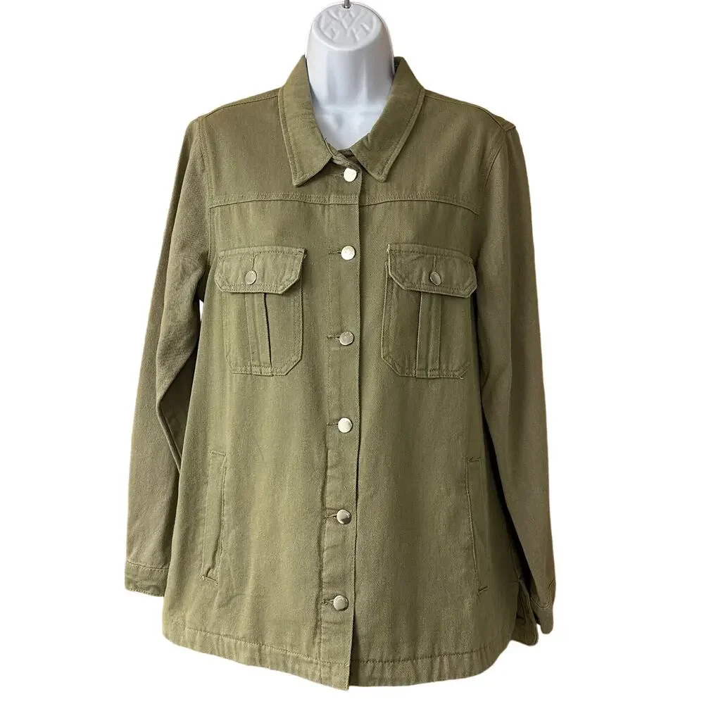 New! Lolita Women’s Sz Lg Olive Green Denim Button Jacket Or Dress, Six Pockets